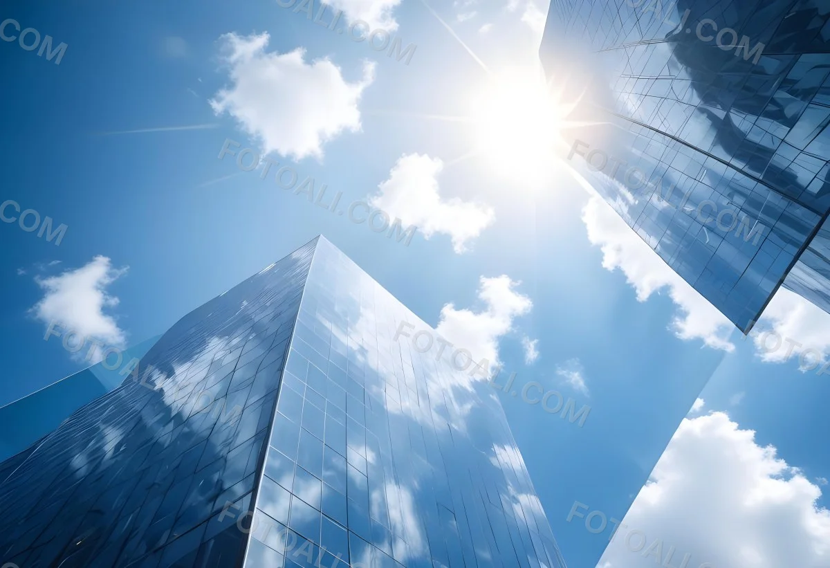 Low Angle Shot Of A Modern Glass Skyscraper Reflecting The Blue Sky And White Clouds Sun Shining Through The Clouds Creating A Bright And Airy Atmosphere 48 135b