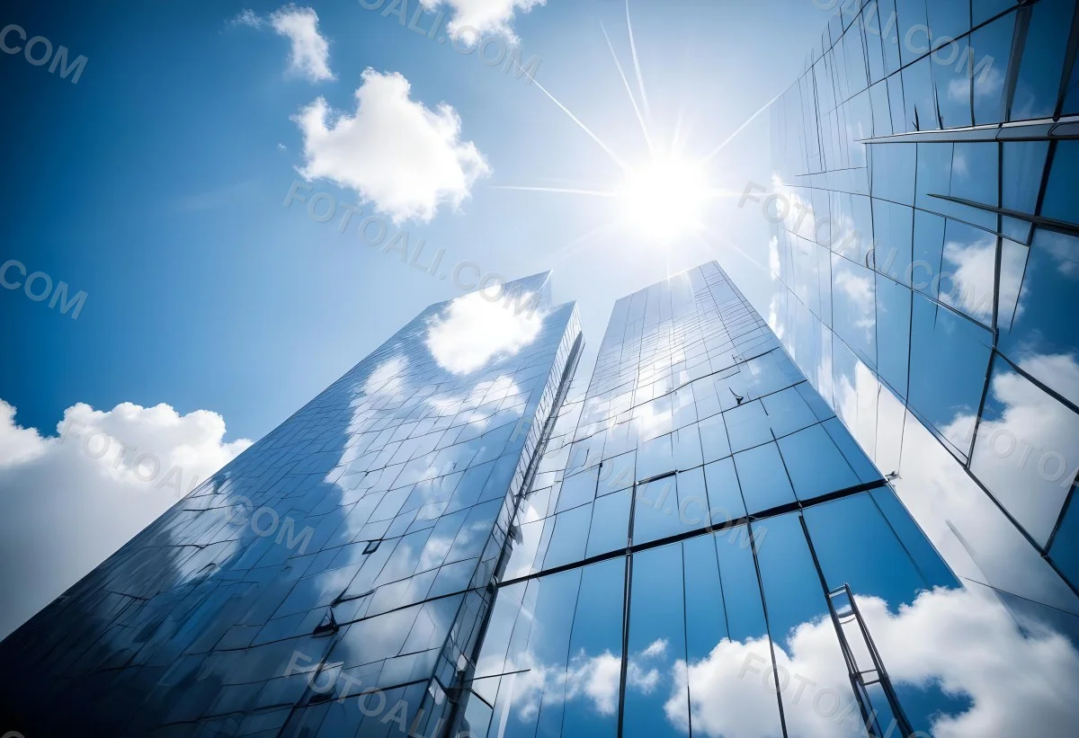 Low Angle Shot Of A Modern Glass Skyscraper Reflecting The Blue Sky And White Clouds Sun Shining Through The Clouds Creating A Bright And Airy Atmosphere 49 Dbff