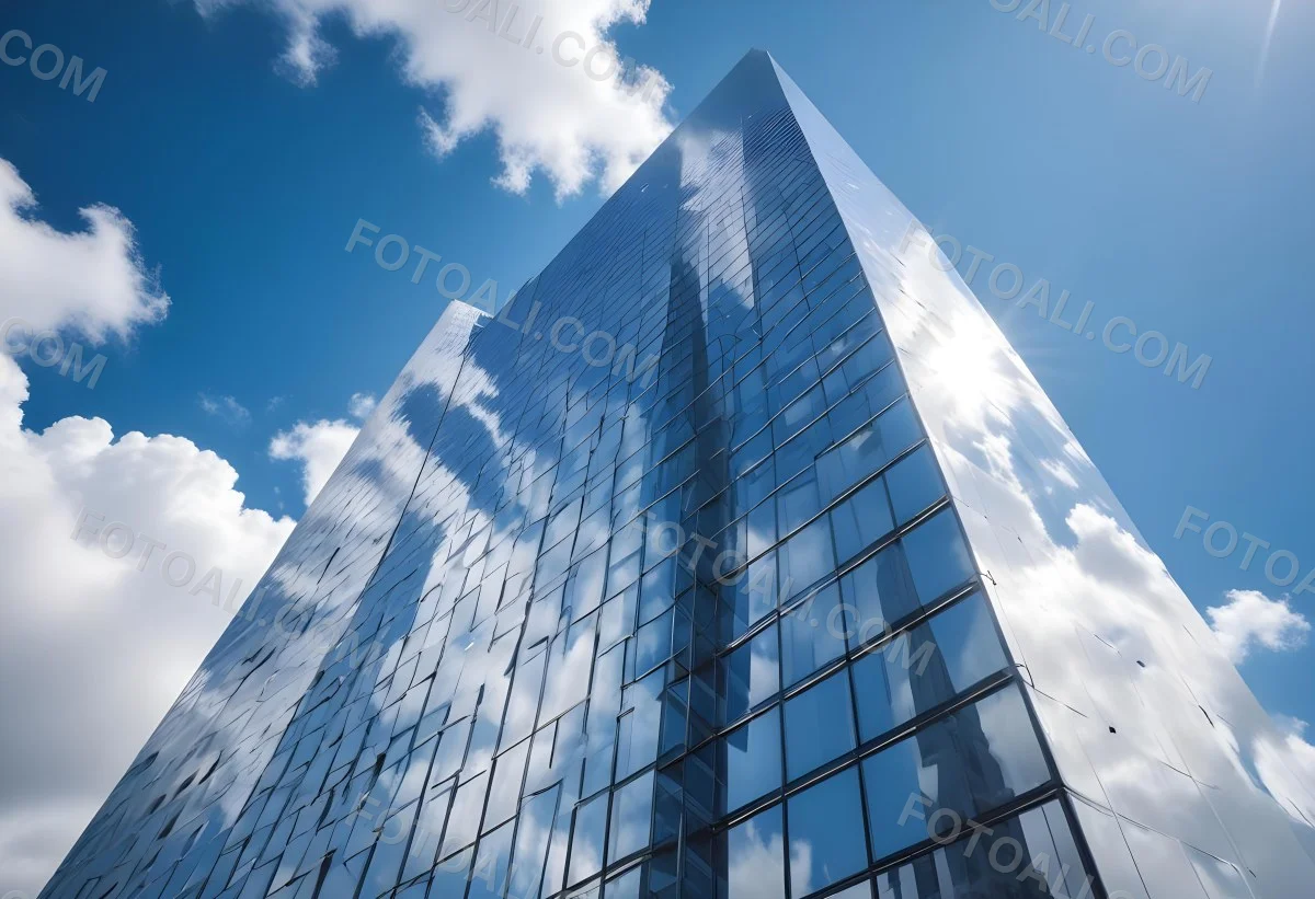 Low Angle Shot Of A Modern Glass Skyscraper Reflecting The Blue Sky And White Clouds Sun Shining Through The Clouds Creating A Bright And Airy Atmosphere 52 Caf0