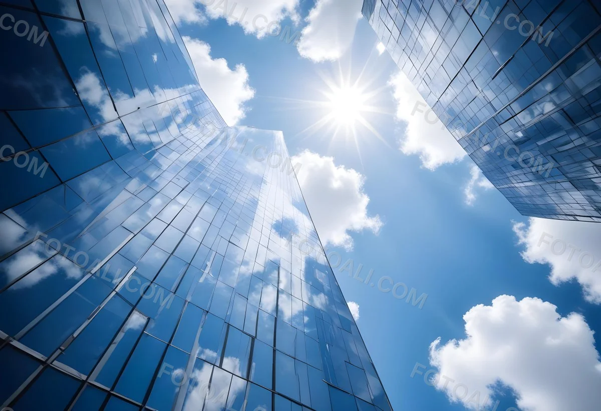 Low Angle Shot Of A Modern Glass Skyscraper Reflecting The Blue Sky And White Clouds Sun Shining Through The Clouds Creating A Bright And Airy Atmosphere 56 C662