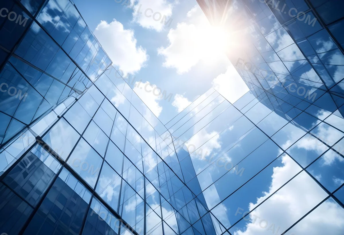 Low Angle Shot Of A Modern Glass Skyscraper Reflecting The Blue Sky And White Clouds Sun Shining Through The Clouds Creating A Bright And Airy Atmosphere 62 5832