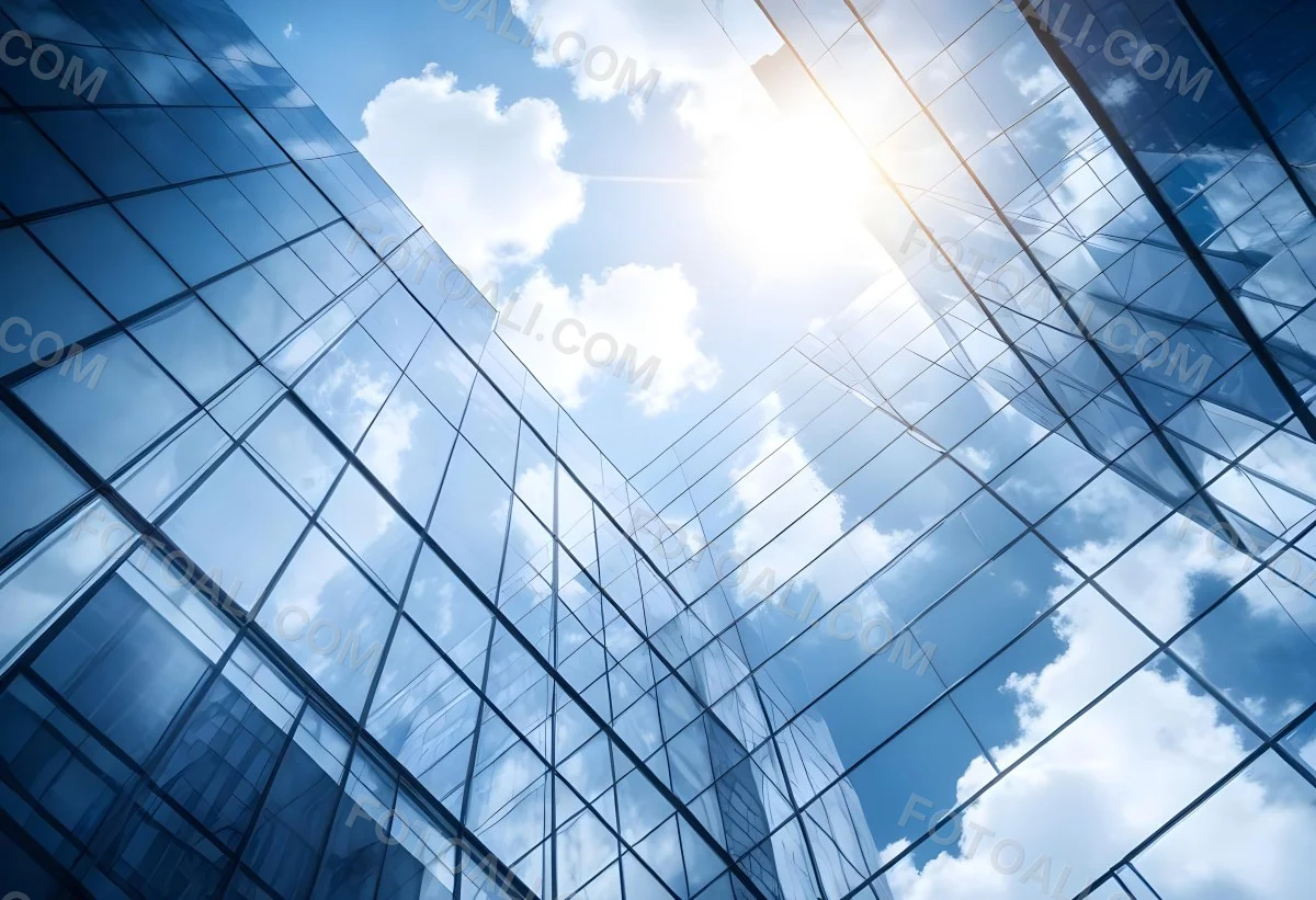 Low Angle Shot Of A Modern Glass Skyscraper Reflecting The Blue Sky And White Clouds Sun Shining Through The Clouds Creating A Bright And Airy Atmosphere 75 4676