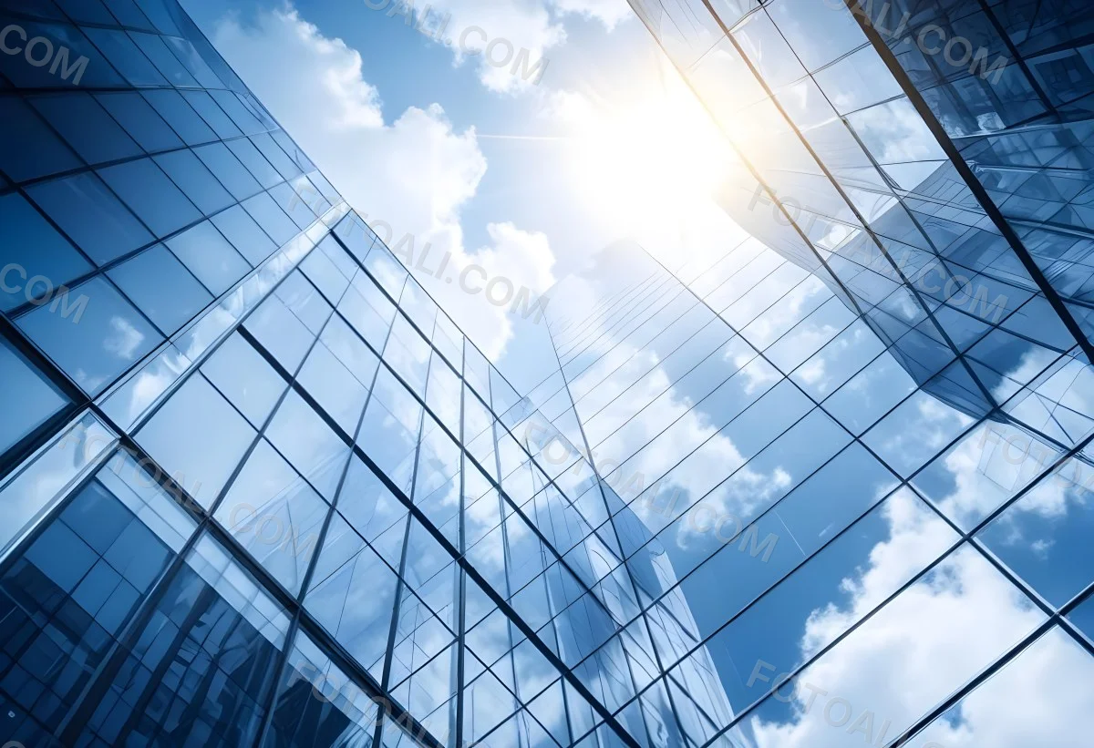 Low Angle Shot Of A Modern Glass Skyscraper Reflecting The Blue Sky And White Clouds Sun Shining Through The Clouds Creating A Bright And Airy Atmosphere 76 6ce7