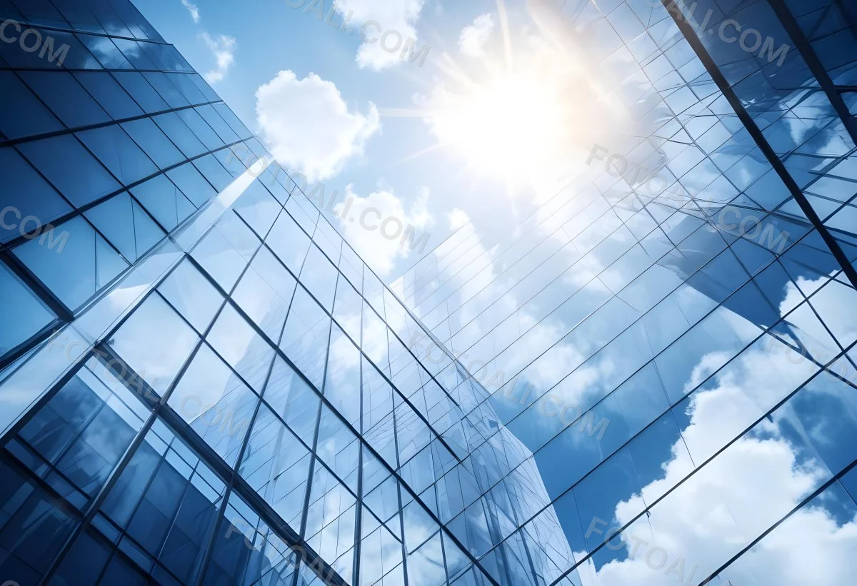 Low Angle Shot Of A Modern Glass Skyscraper Reflecting The Blue Sky And White Clouds Sun Shining Through The Clouds Creating A Bright And Airy Atmosphere 79 5866