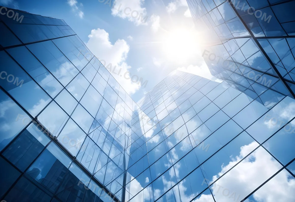 Low Angle Shot Of A Modern Glass Skyscraper Reflecting The Blue Sky And White Clouds Sun Shining Through The Clouds Creating A Bright And Airy Atmosphere 8 A7fe