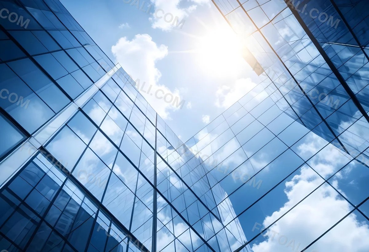Low Angle Shot Of A Modern Glass Skyscraper Reflecting The Blue Sky And White Clouds Sun Shining Through The Clouds Creating A Bright And Airy Atmosphere 81 Cab7