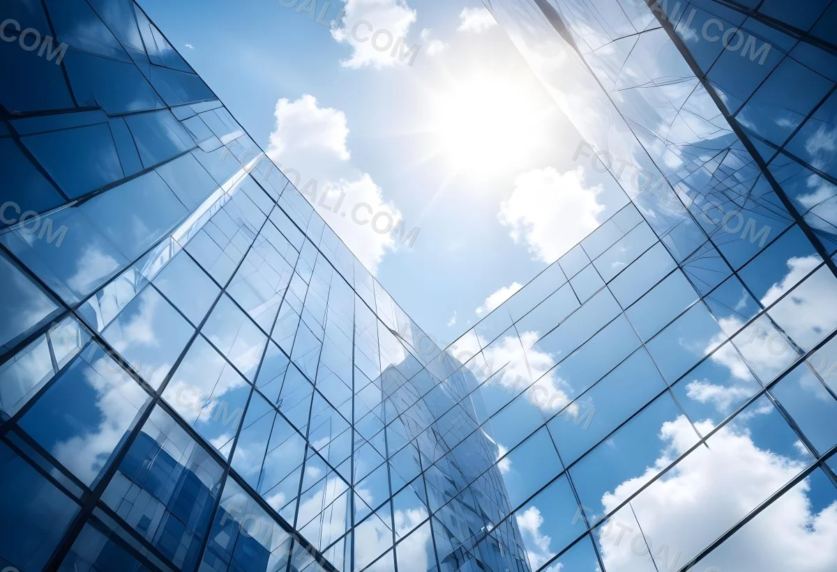 Low Angle Shot Of A Modern Glass Skyscraper Reflecting The Blue Sky And White Clouds Sun Shining Through The Clouds Creating A Bright And Airy Atmosphere 83 76ea