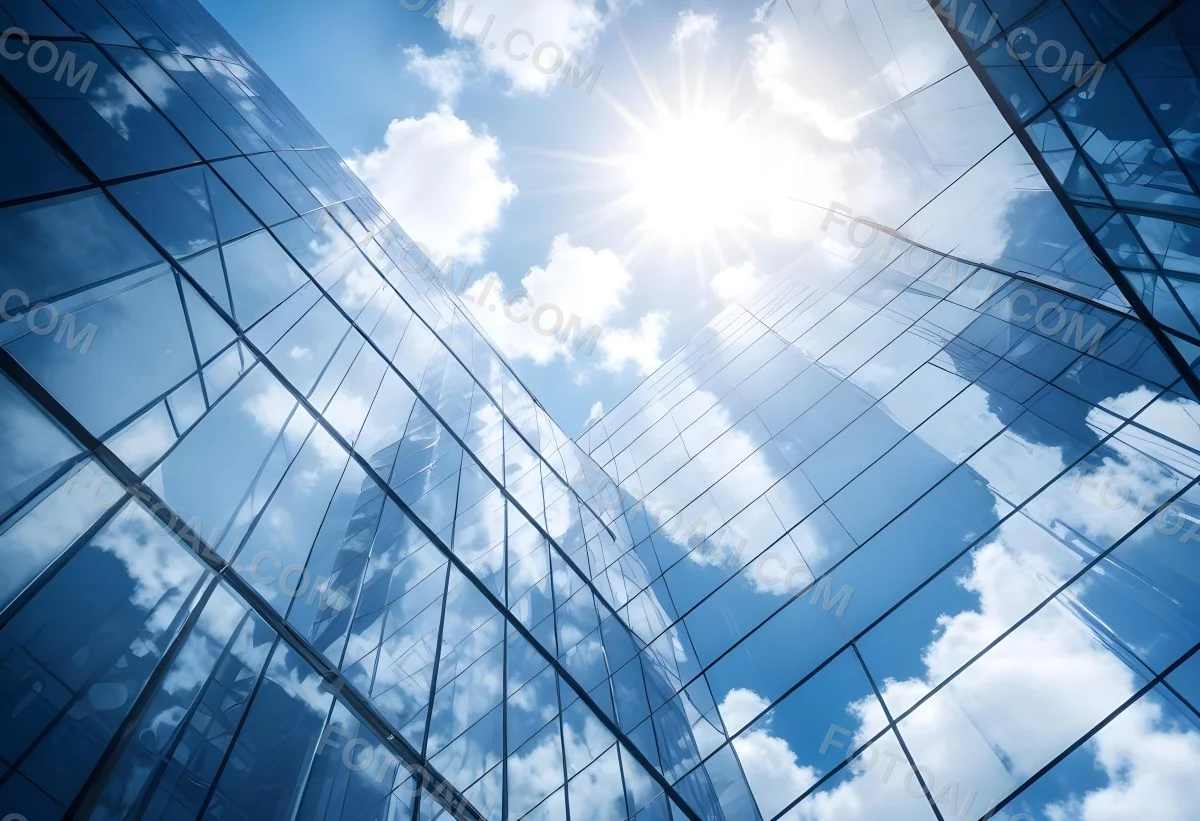 Low Angle Shot Of A Modern Glass Skyscraper Reflecting The Blue Sky And White Clouds Sun Shining Through The Clouds Creating A Bright And Airy Atmosphere 85 53da
