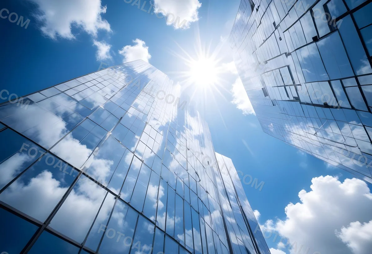 Low Angle Shot Of A Modern Glass Skyscraper Reflecting The Blue Sky And White Clouds Sun Shining Through The Clouds Creating A Bright And Airy Atmosphere 9 588f