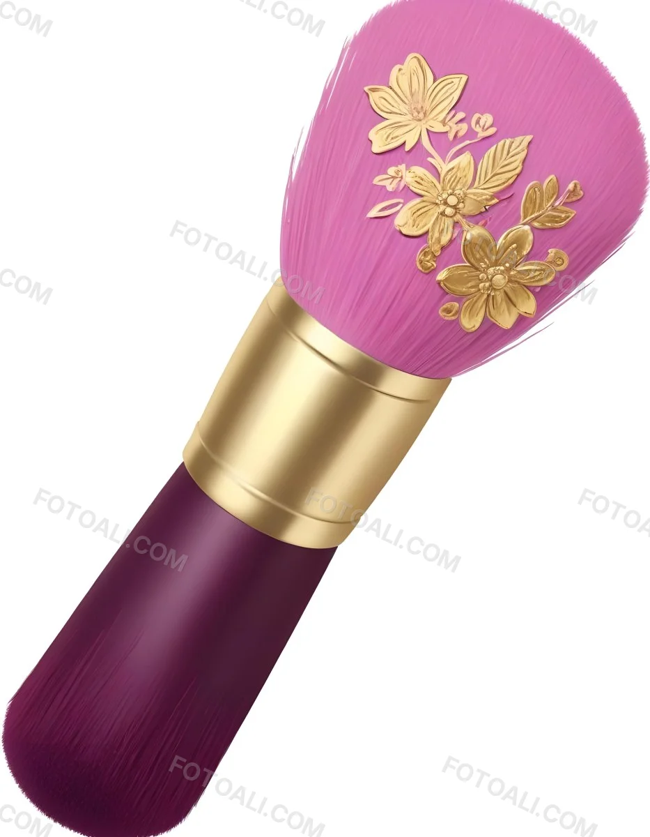 Makeup Brush With Golden Bristles Pink Ring And A Golden Handle With Golden Floral Patterns Isolated On A Golden Background 27 E455