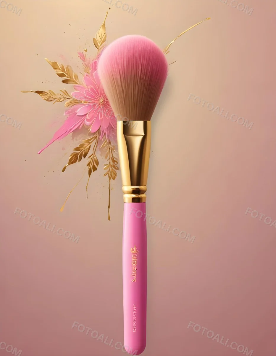 Makeup Brush With Golden Bristles Pink Ring And A Golden Handle With Golden Floral Patterns Isolated On A Golden Background 31 E55d