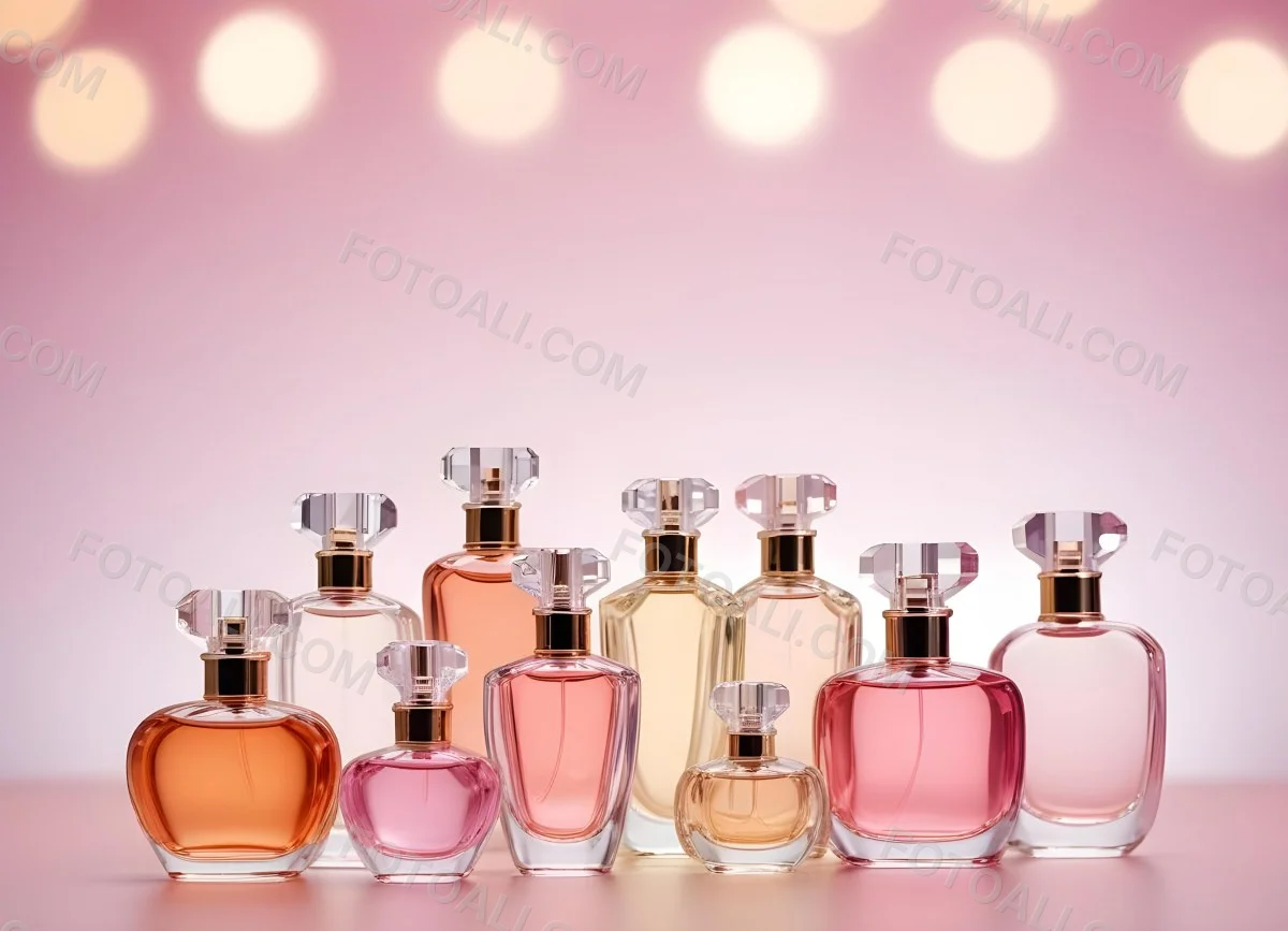 Many Perfume Bottles Of Different Shapes And Colors In A Studio With A Pink And White Bokeh Background 19 47e4