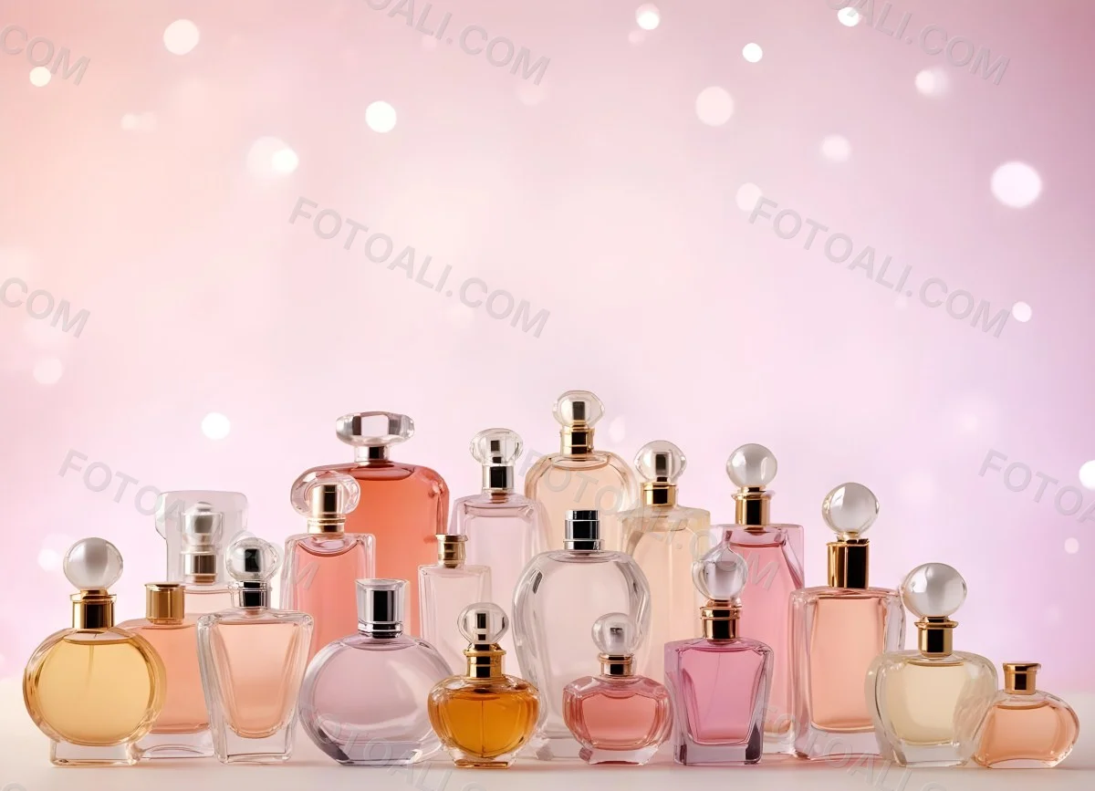 Many Perfume Bottles Of Different Shapes And Colors In A Studio With A Pink And White Bokeh Background 21 B6ac