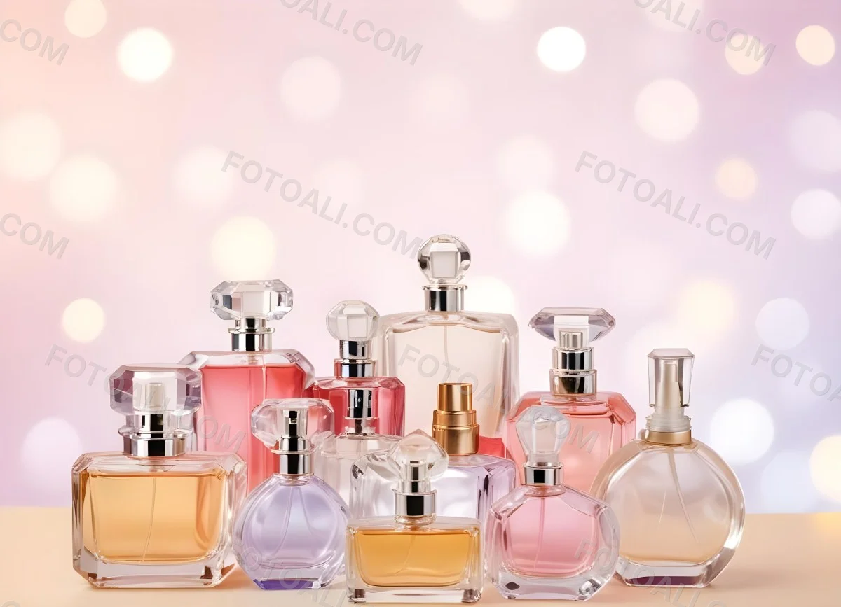 Many Perfume Bottles Of Different Shapes And Colors In A Studio With A Pink And White Bokeh Background 25 088e