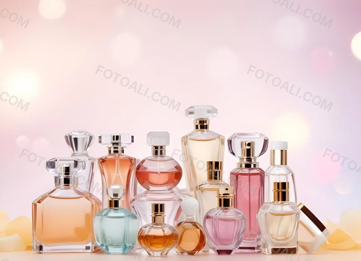Many Perfume Bottles Of Different Shapes And Colors In A Studio With A Pink And White Bokeh Background 30 62a0