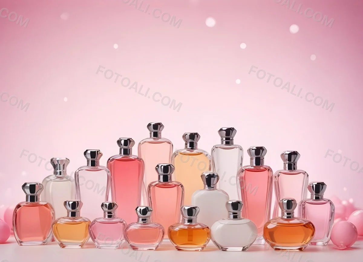 Many Perfume Bottles Of Different Shapes And Colors In A Studio With A Pink And White Bokeh Background 33 0f6c