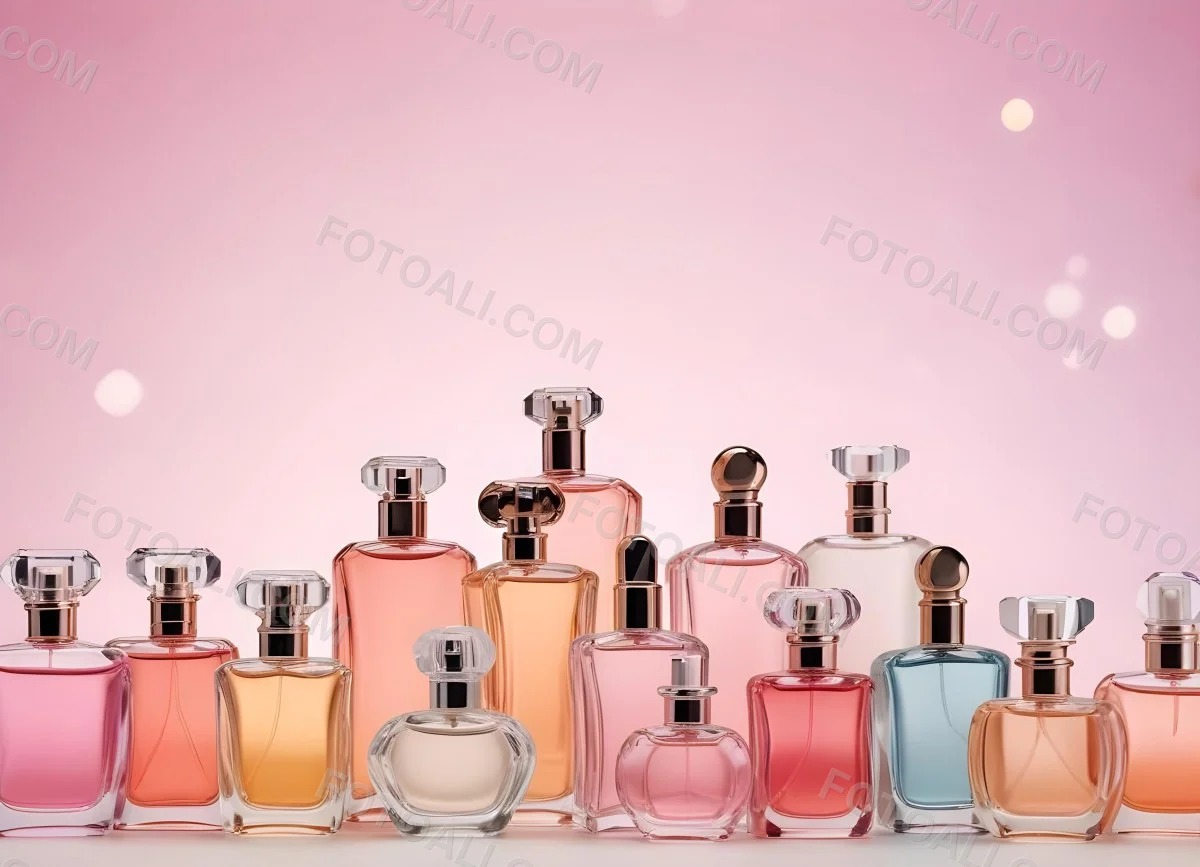 Many Perfume Bottles Of Different Shapes And Colors In A Studio With A Pink And White Bokeh Background 34 53dc