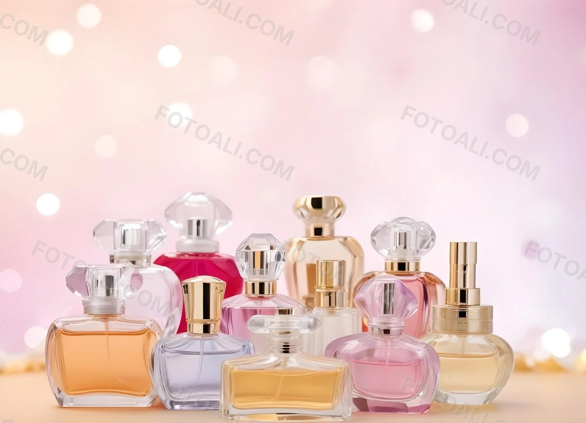 Many Perfume Bottles Of Different Shapes And Colors In A Studio With A Pink And White Bokeh Background 35 C96b
