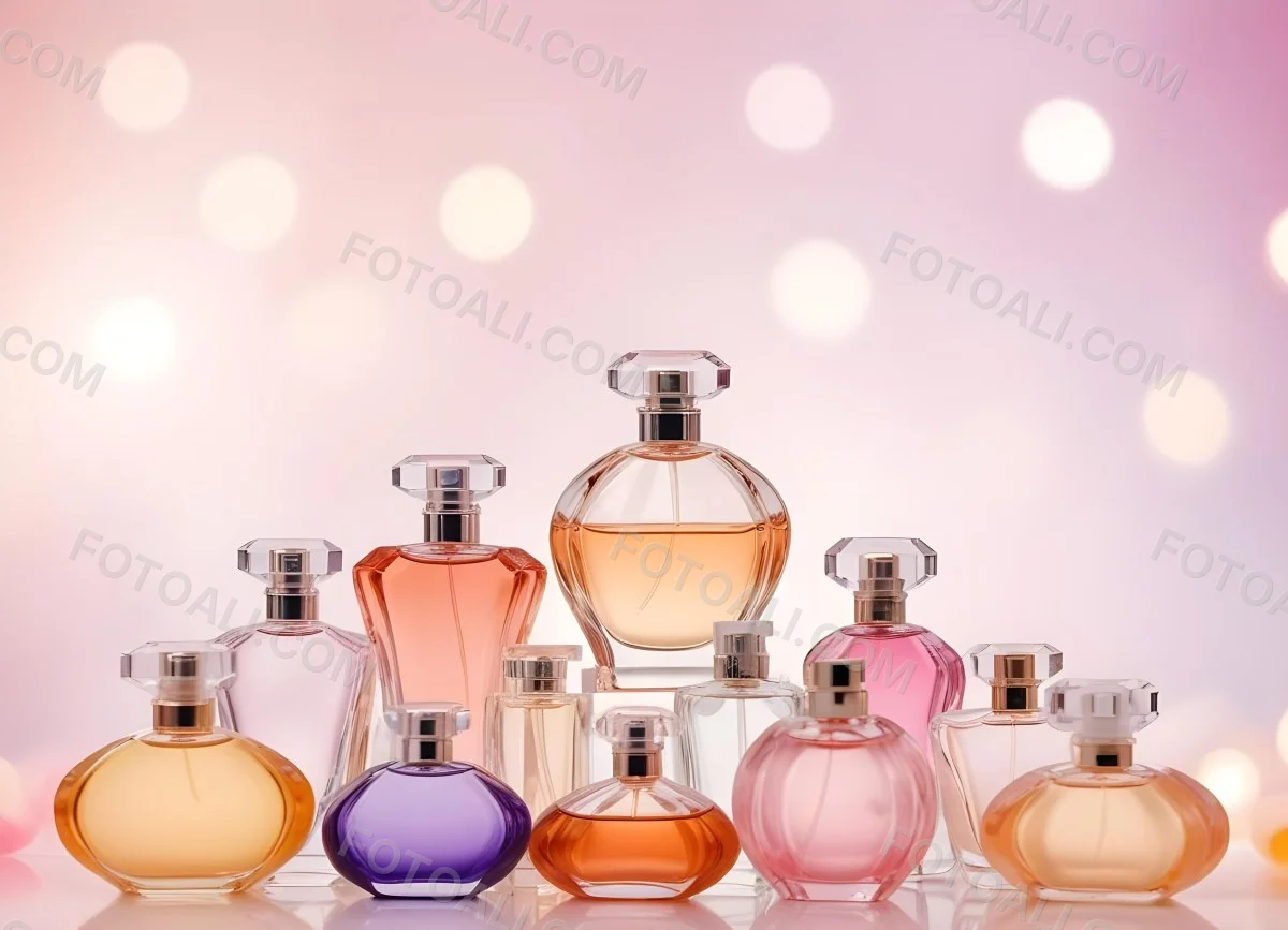 Many Perfume Bottles Of Different Shapes And Colors In A Studio With A Pink And White Bokeh Background 36 F501