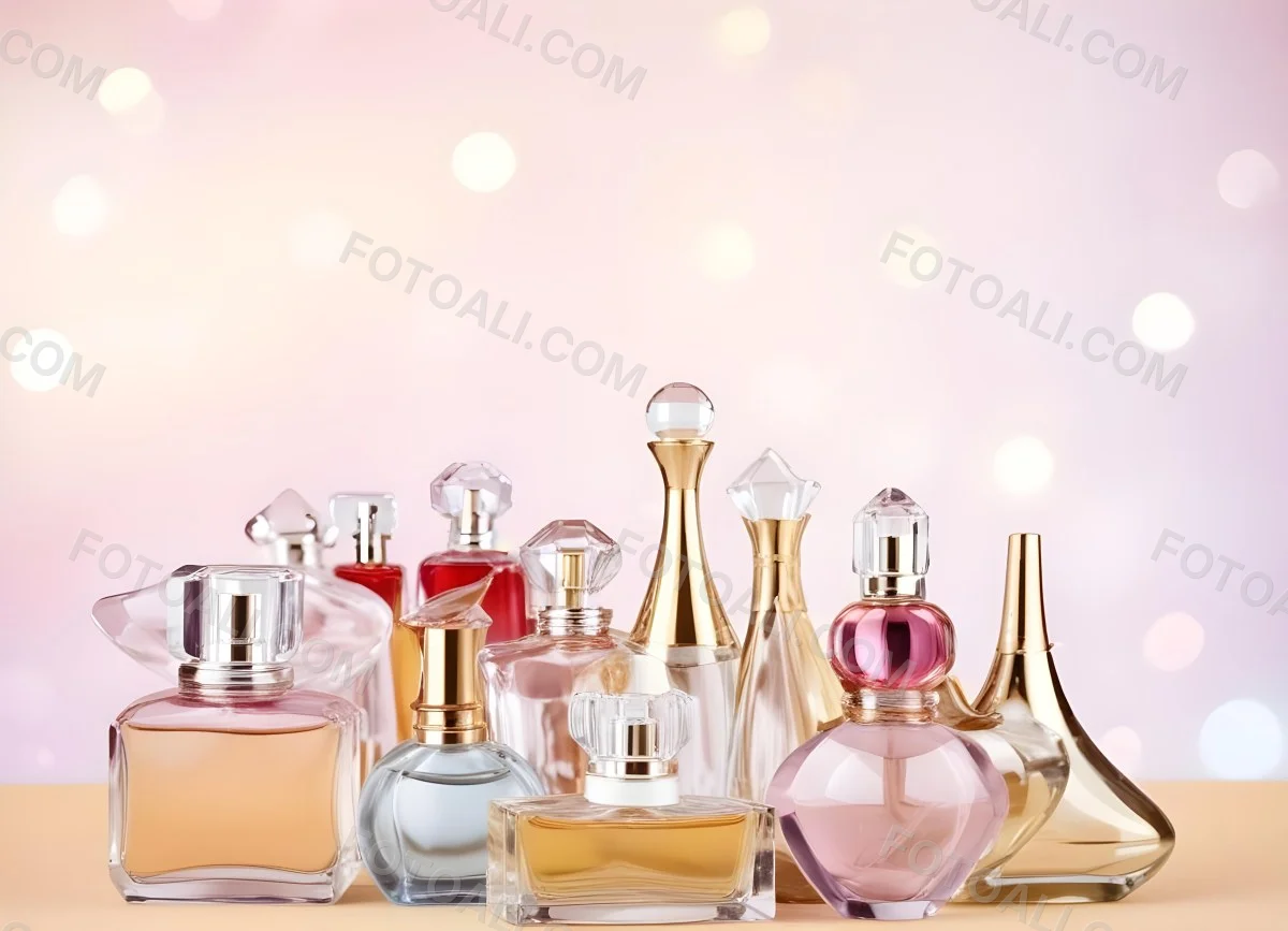 Many Perfume Bottles Of Different Shapes And Colors In A Studio With A Pink And White Bokeh Background 37 A6dc
