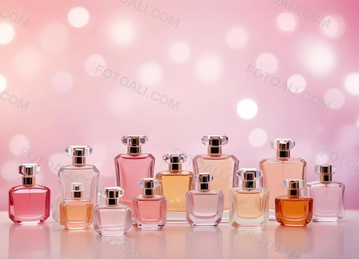 Many Perfume Bottles Of Different Shapes And Colors In A Studio With A Pink And White Bokeh Background 4 283a