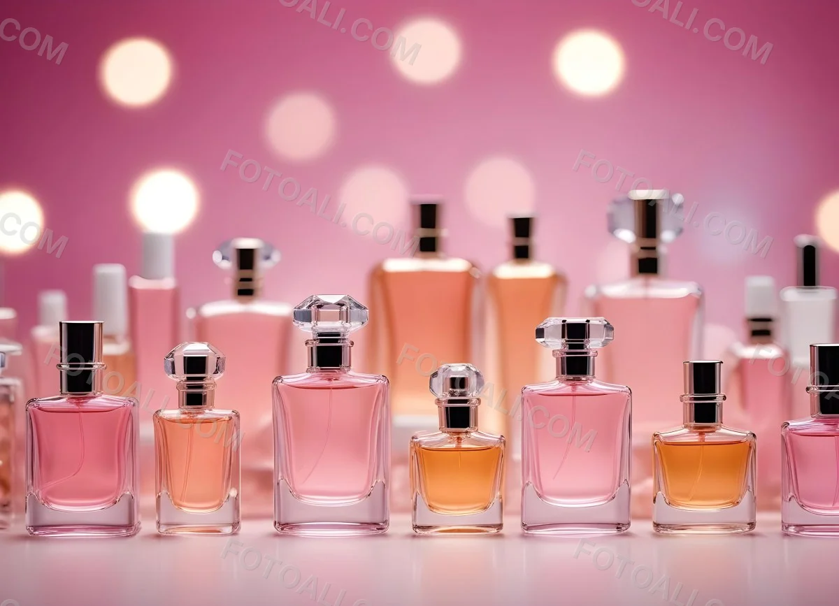 Many Perfume Bottles Of Different Shapes And Colors In A Studio With A Pink And White Bokeh Background 7 E1fa