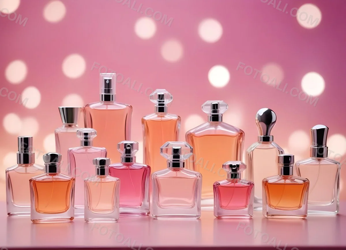 Many Perfume Bottles Of Different Shapes And Colors In A Studio With A Pink And White Bokeh Background 8 C177