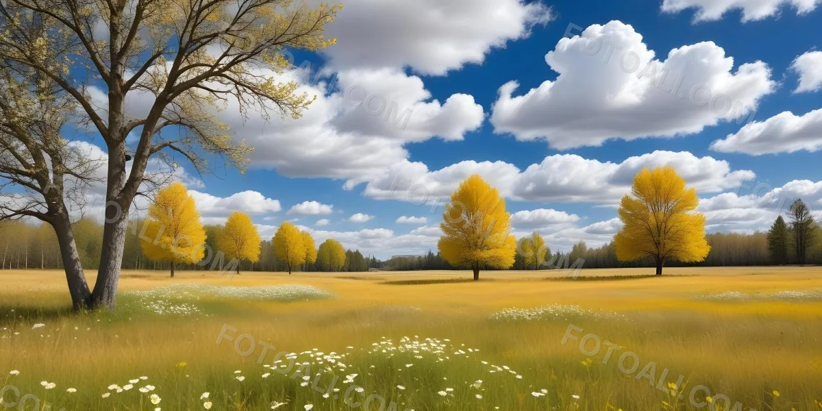 Meadow With White Flowers Yellow Grass Blue Sky With White Clouds And Yellow Trees In The Background 1 57f7