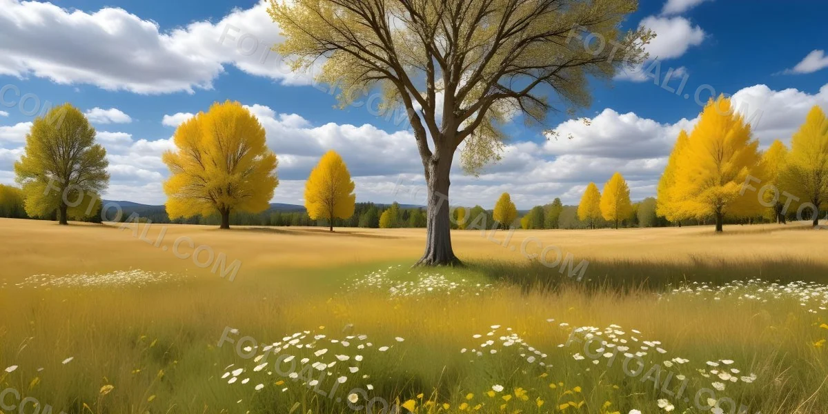 Meadow With White Flowers Yellow Grass Blue Sky With White Clouds And Yellow Trees In The Background 12 A677