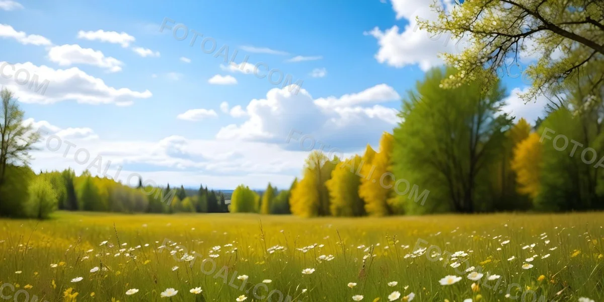 Meadow With White Flowers Yellow Grass Blue Sky With White Clouds And Yellow Trees In The Background 14 C861