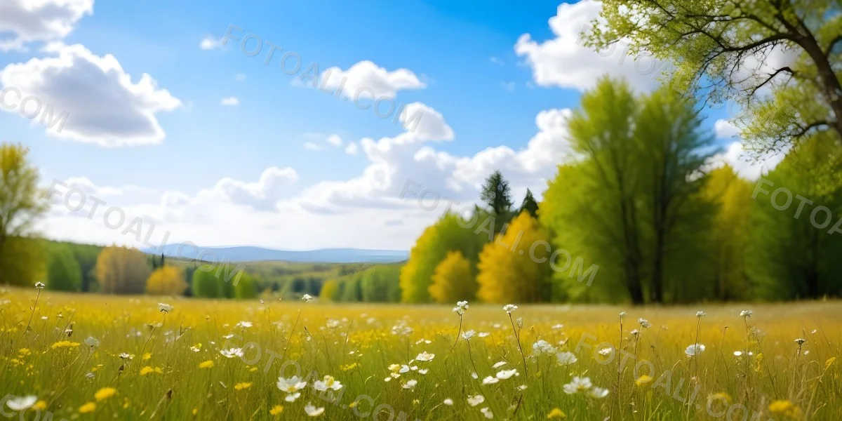 Meadow With White Flowers Yellow Grass Blue Sky With White Clouds And Yellow Trees In The Background 26 D03d