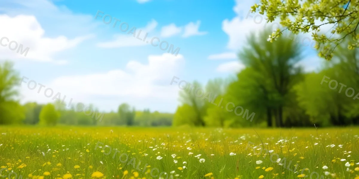 Meadow With White Flowers Yellow Grass Blue Sky With White Clouds And Yellow Trees In The Background 31 0537