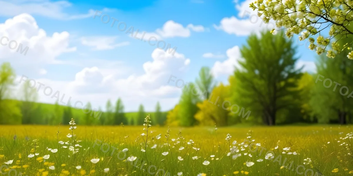 Meadow With White Flowers Yellow Grass Blue Sky With White Clouds And Yellow Trees In The Background 34 Daef