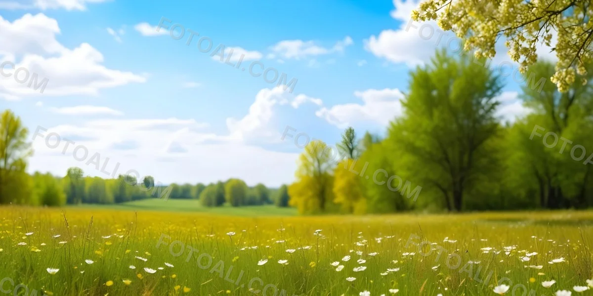 Meadow With White Flowers Yellow Grass Blue Sky With White Clouds And Yellow Trees In The Background 36 354b