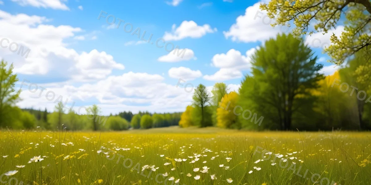 Meadow With White Flowers Yellow Grass Blue Sky With White Clouds And Yellow Trees In The Background 40 20d9