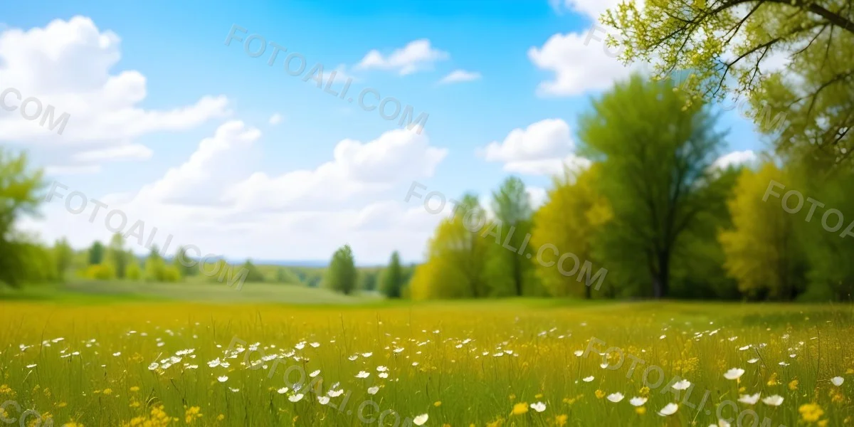 Meadow With White Flowers Yellow Grass Blue Sky With White Clouds And Yellow Trees In The Background 42 1800