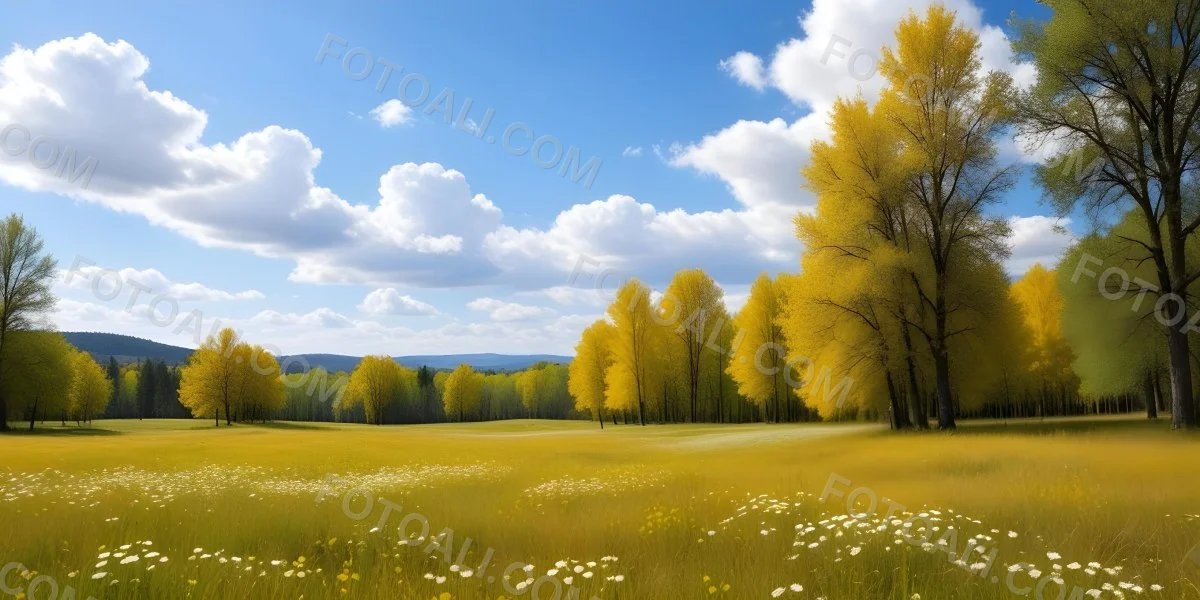 Meadow With White Flowers Yellow Grass Blue Sky With White Clouds And Yellow Trees In The Background 43 1654