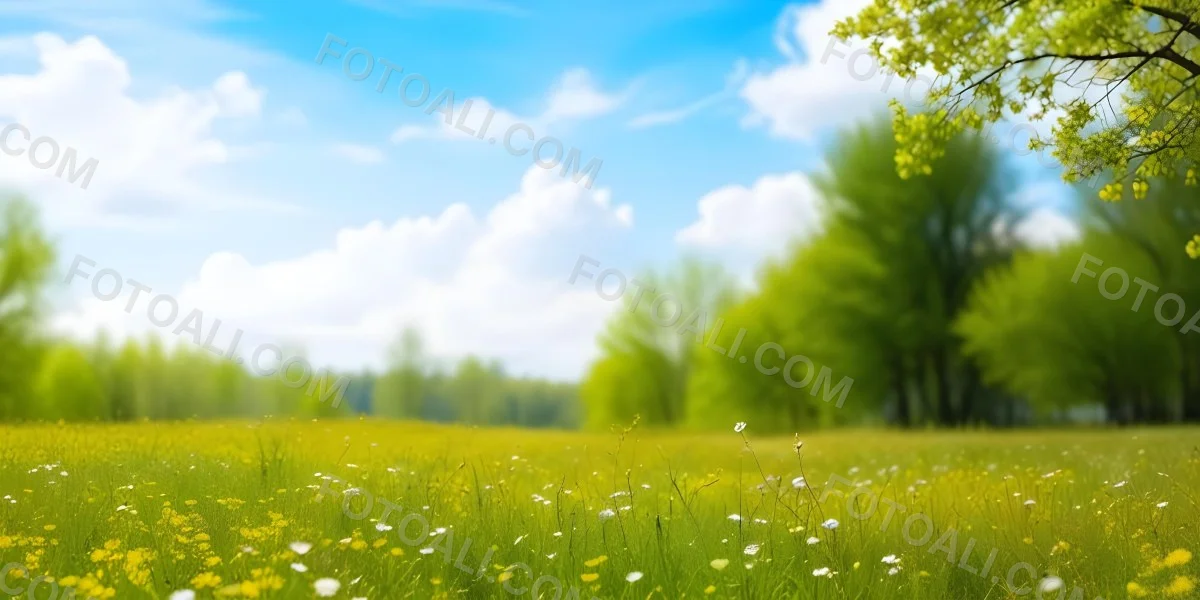 Meadow With White Flowers Yellow Grass Blue Sky With White Clouds And Yellow Trees In The Background 44 5320