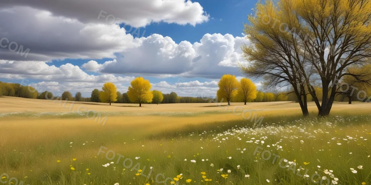 Meadow With White Flowers Yellow Grass Blue Sky With White Clouds And Yellow Trees In The Background 45 D881