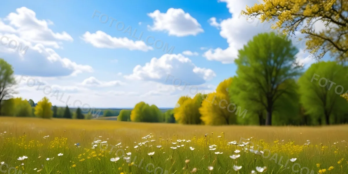 Meadow With White Flowers Yellow Grass Blue Sky With White Clouds And Yellow Trees In The Background 47 7b01