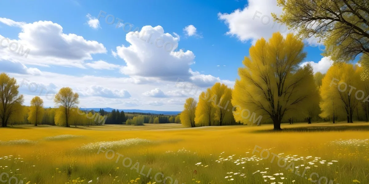 Meadow With White Flowers Yellow Grass Blue Sky With White Clouds And Yellow Trees In The Background 8 Eabd