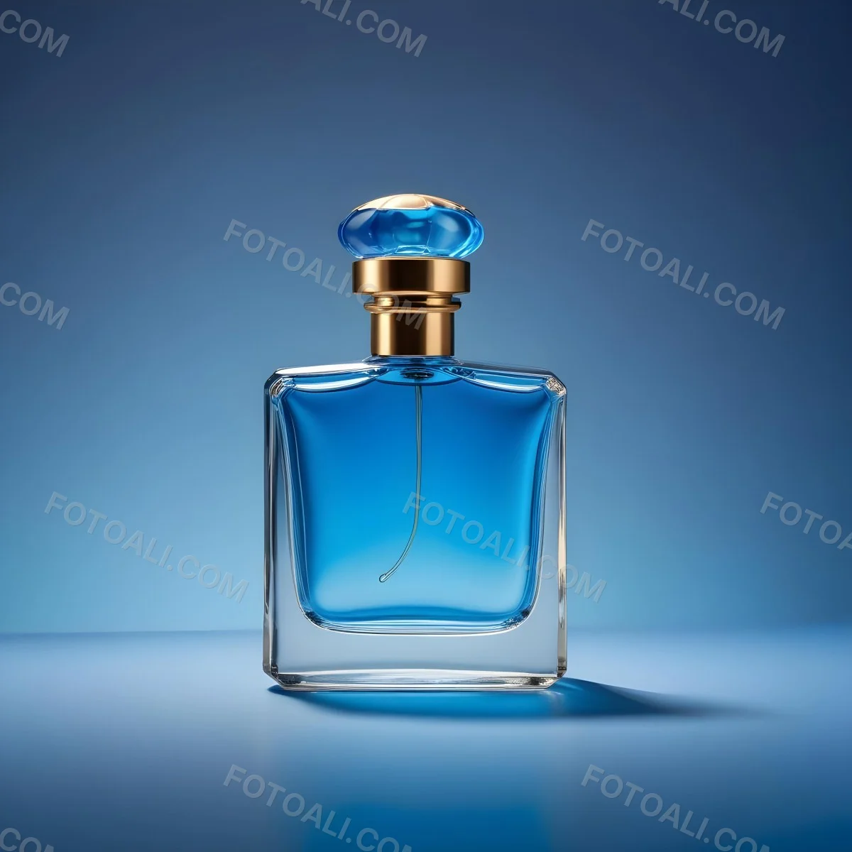 Minimal Soft Studio Light Photography A Blue Glass Perfume Bottle With A Gold Cap Against A Blue Background High Detail Solid Bold Color Background 10 A3de