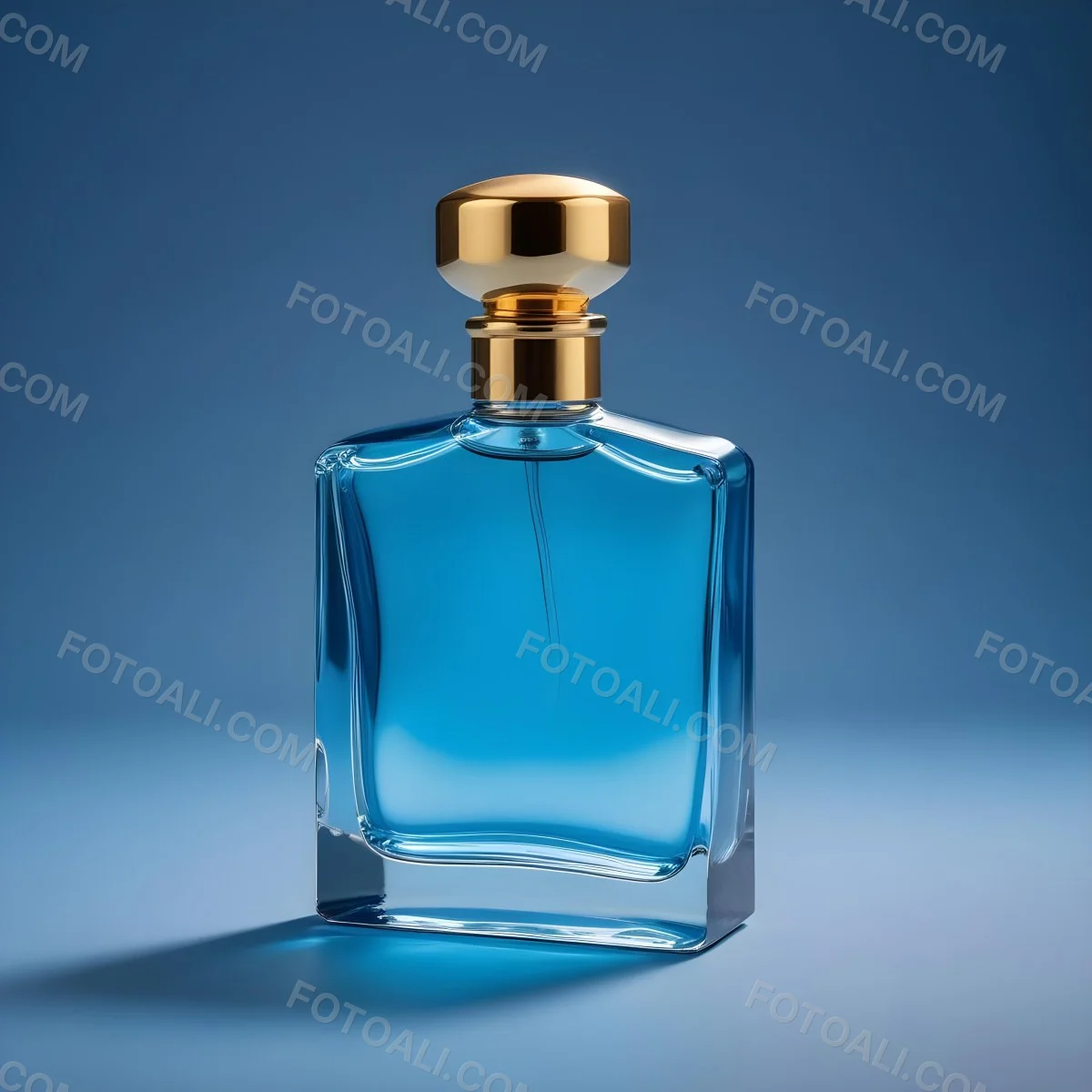 Minimal Soft Studio Light Photography A Blue Glass Perfume Bottle With A Gold Cap Against A Blue Background High Detail Solid Bold Color Background 14 Ac40