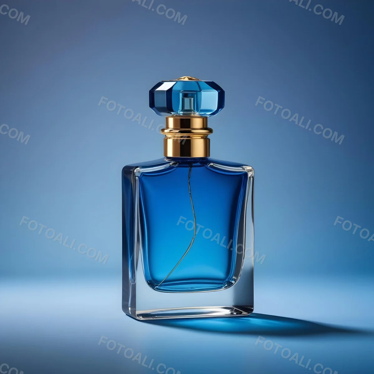 Minimal Soft Studio Light Photography A Blue Glass Perfume Bottle With A Gold Cap Against A Blue Background High Detail Solid Bold Color Background 16 Afc8