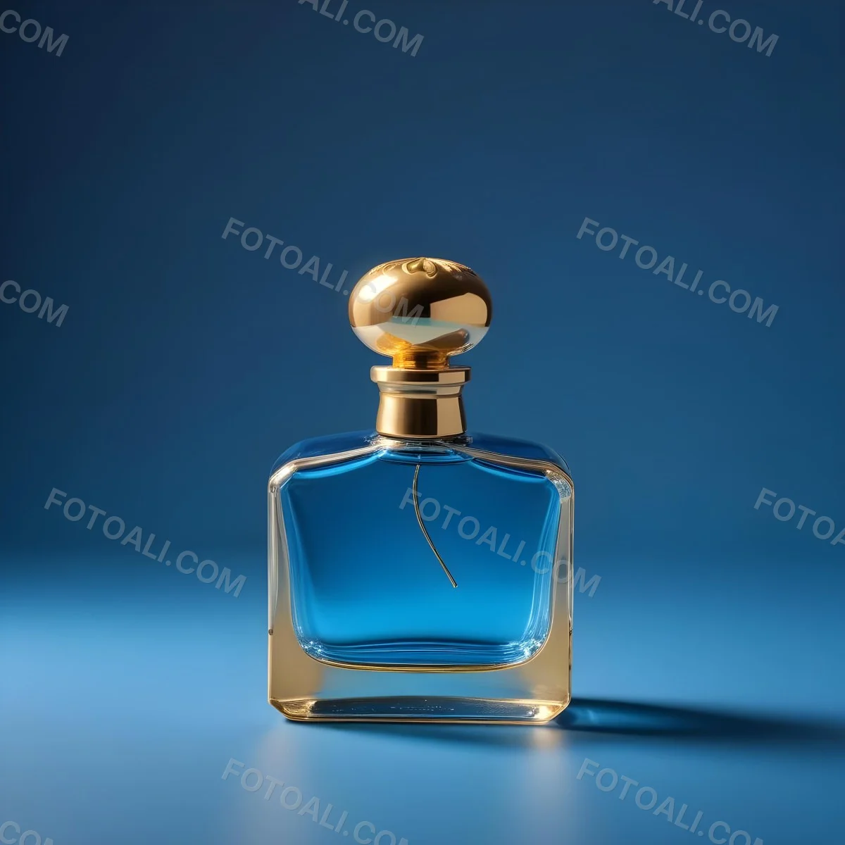 Minimal Soft Studio Light Photography A Blue Glass Perfume Bottle With A Gold Cap Against A Blue Background High Detail Solid Bold Color Background 2 Bb30