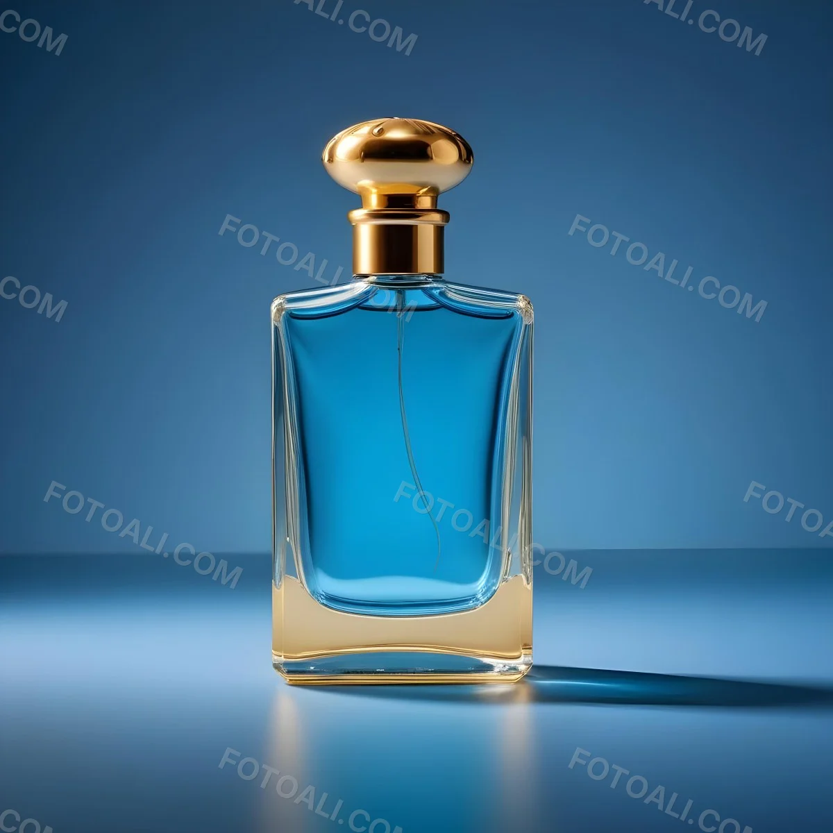 Minimal Soft Studio Light Photography A Blue Glass Perfume Bottle With A Gold Cap Against A Blue Background High Detail Solid Bold Color Background 21 D98a