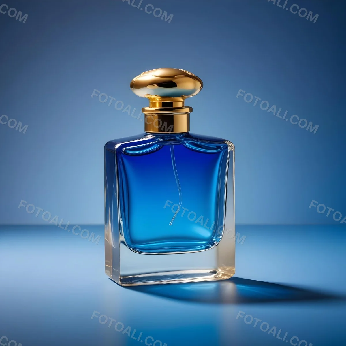 Minimal Soft Studio Light Photography A Blue Glass Perfume Bottle With A Gold Cap Against A Blue Background High Detail Solid Bold Color Background 24 27b5