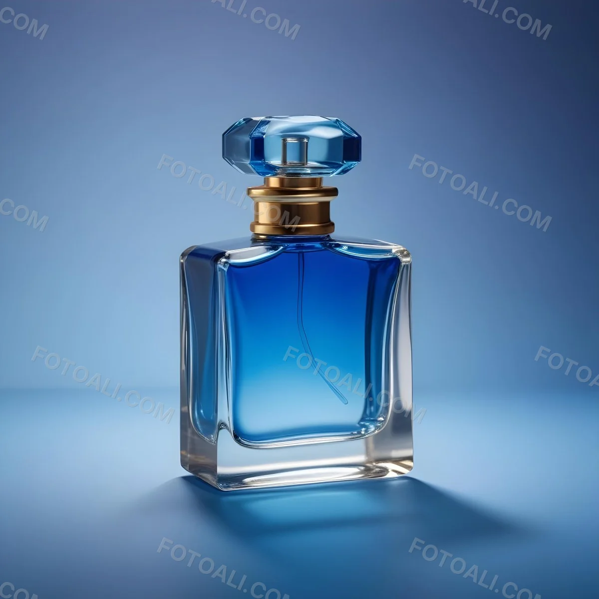 Minimal Soft Studio Light Photography A Blue Glass Perfume Bottle With A Gold Cap Against A Blue Background High Detail Solid Bold Color Background 25 D09f