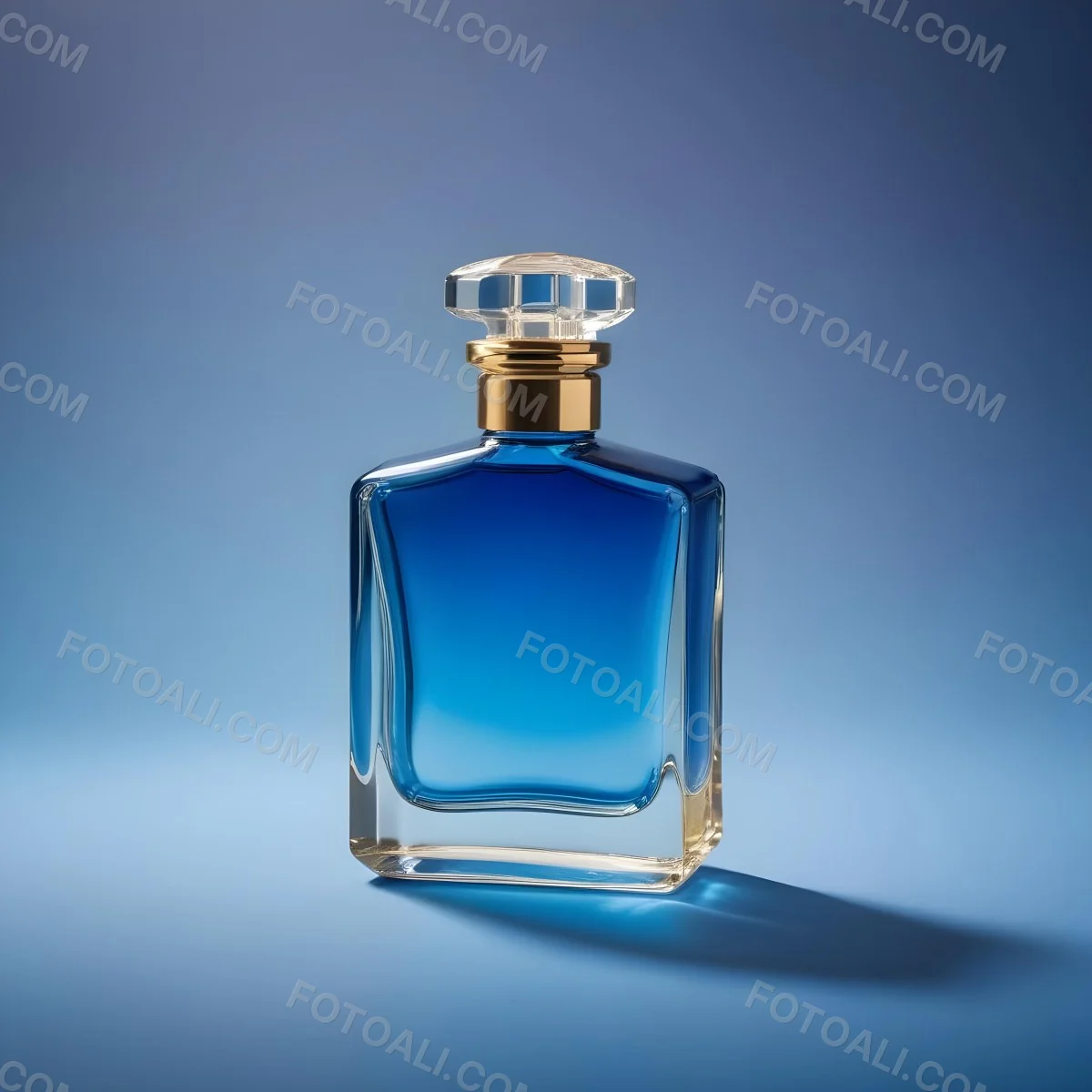 Minimal Soft Studio Light Photography A Blue Glass Perfume Bottle With A Gold Cap Against A Blue Background High Detail Solid Bold Color Background 29 9775