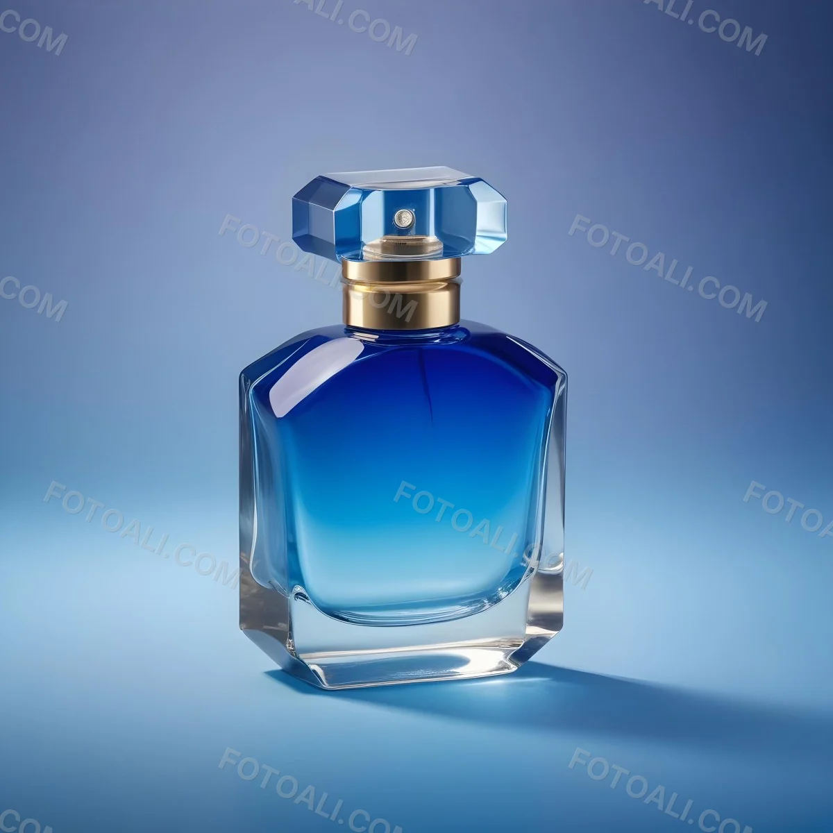 Minimal Soft Studio Light Photography A Blue Glass Perfume Bottle With A Gold Cap Against A Blue Background High Detail Solid Bold Color Background 30 0ee6
